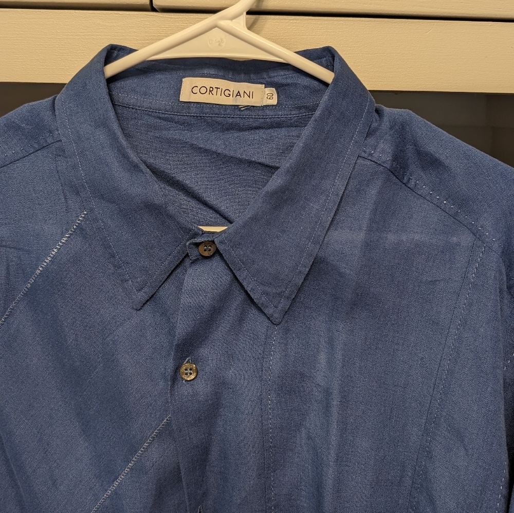 Cortigiani Men's linen blue size 60 shirt/gorgeous stitching/craftsmanship
